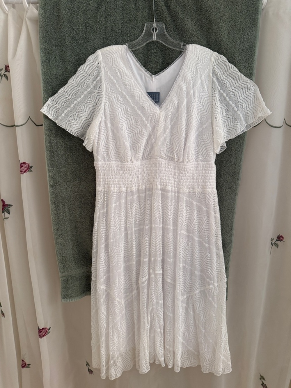 Rabbit Rabbit Rabbit White Lace Midi Dress with V-Neck and Flutter Sleeves